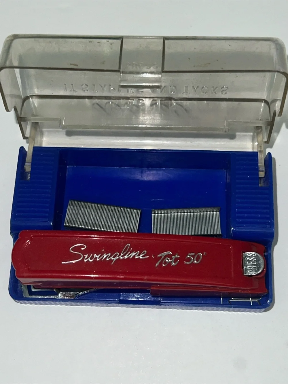 Vintage Swingline Tot 50 Mini Stapler w/ Original Case Red Retro Mid Century